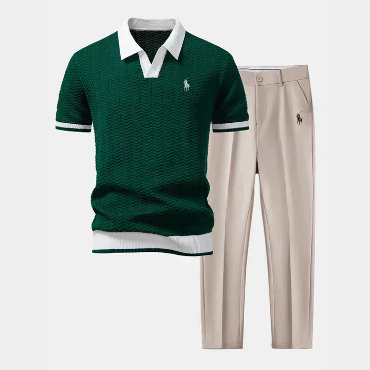 V-Neck Cotton-Blend Shirt & Tapered Pants Set