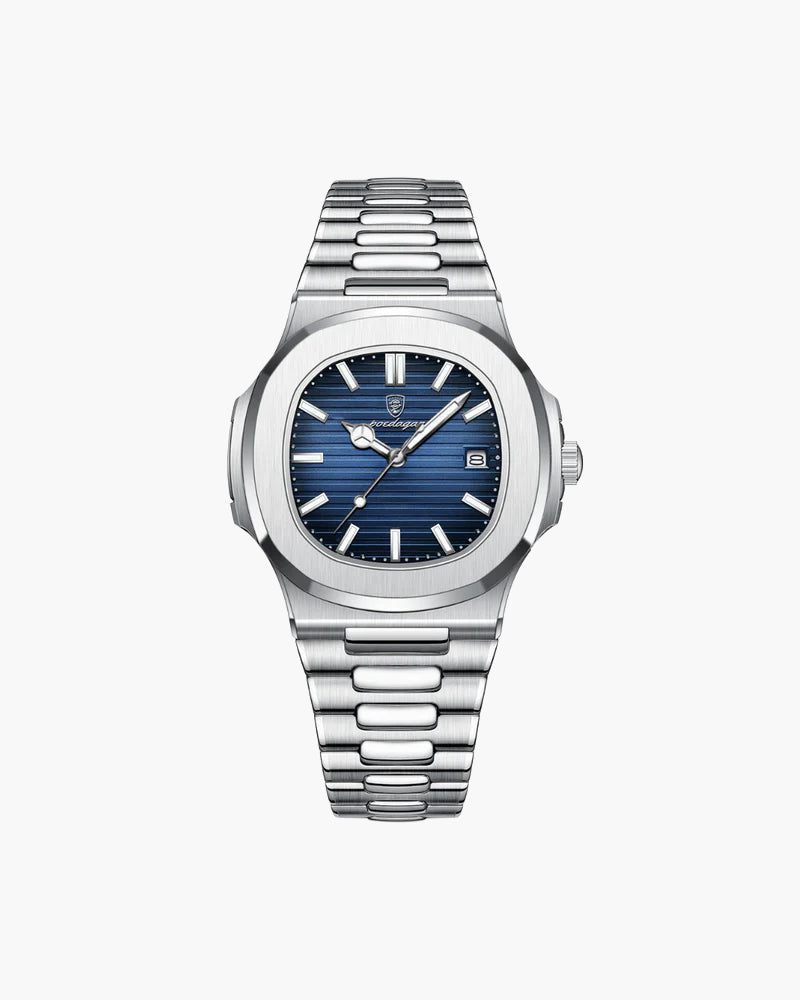 VALROX GENEVE men's steel dress watch with a blue dial on an integrated stainless steel bracelet