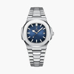 VALROX GENEVE men's steel dress watch with a blue dial on an integrated stainless steel bracelet